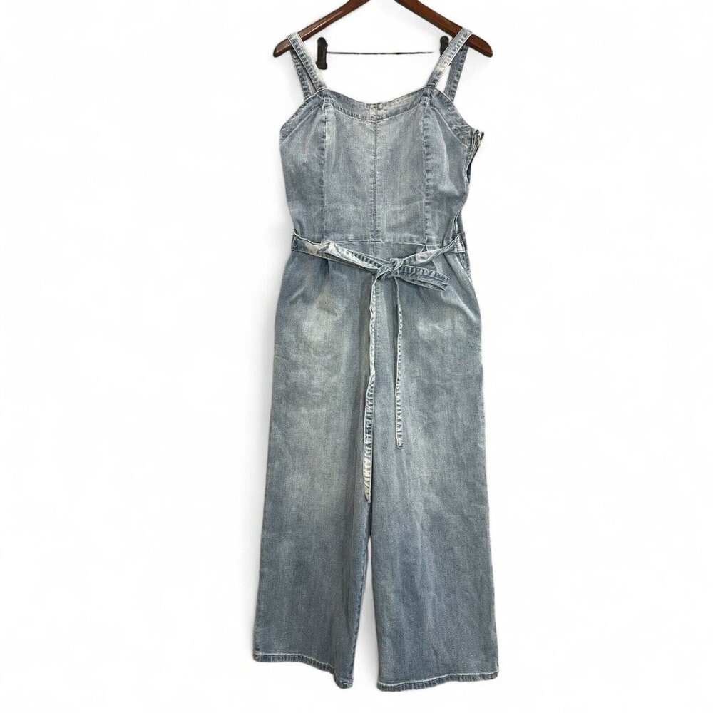 Denim Belted Wide-Leg Jumpsuit - Light Blue